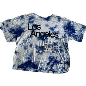 Mighty Fine T-Shirt Sz M Juniors Los Angeles Cropped Graphic Blue Tie Dye Casual